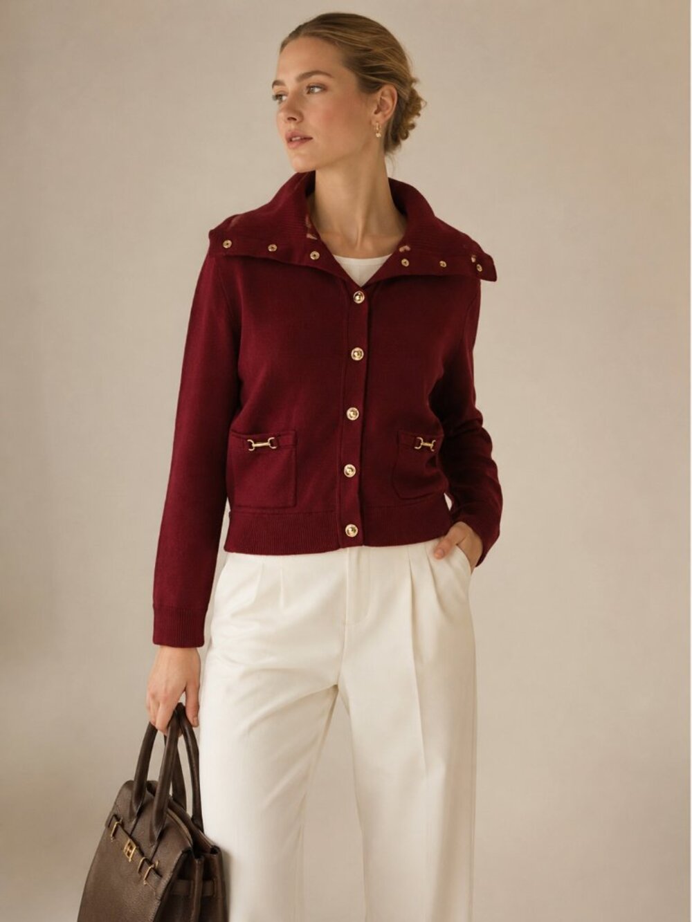 MICHAEL Michael Kors Cherry Red Gold Button Equestrian Sweater Size XL NWT